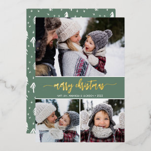Rustic Modern Merry Christmas Three Photo Foil Holiday Card