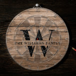 Rustic Modern Monogram Family Name Vintage Wood Dartboard<br><div class="desc">This modern, rustic dart board features your family monogram and name over a printed medium brown wood backdrop in a retro vintage typography design. Customize with your family name and initial and make this your own unique keepsake for the farmhouse style lake house, family cottage, or country cabin - or...</div>