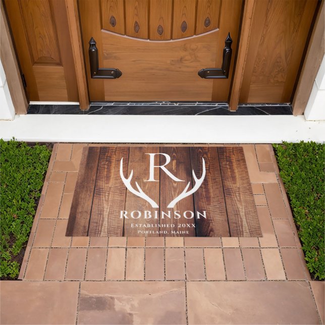 Rustic Modern Monogrammed Deer Antlers Wood Planks Doormat (Outdoor)