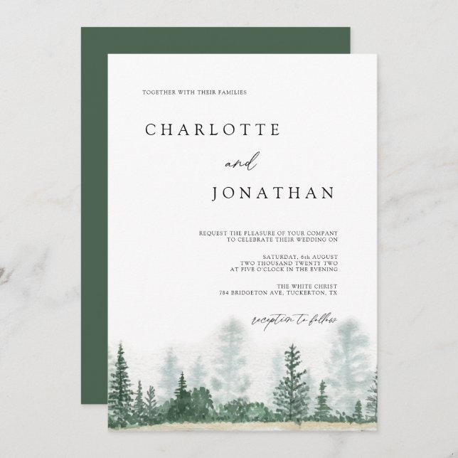 Rustic Modern Mountain Forest Watercolor Wedding Invitation (Front/Back)