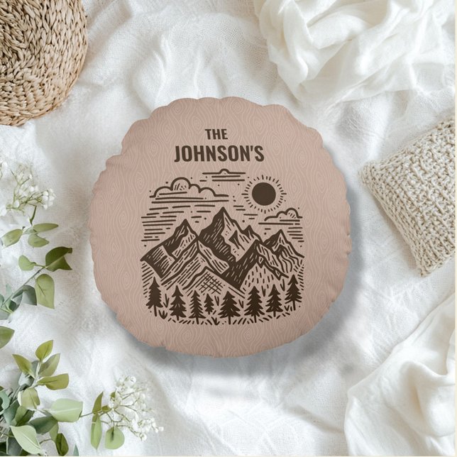 Rustic Modern Mountains Custom Round Pillow (Round Mountain Modern Rustic Throw Pillow)