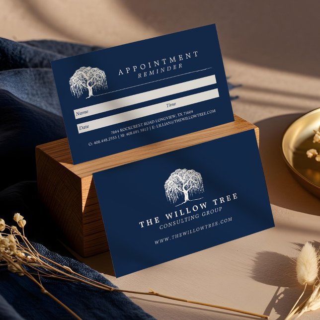 Rustic Modern Navy Blue & White Willow Tree Logo Appointment Card (Rustic Modern Navy Blue & White Willow Tree Logo Appointment Card (Front & Back))