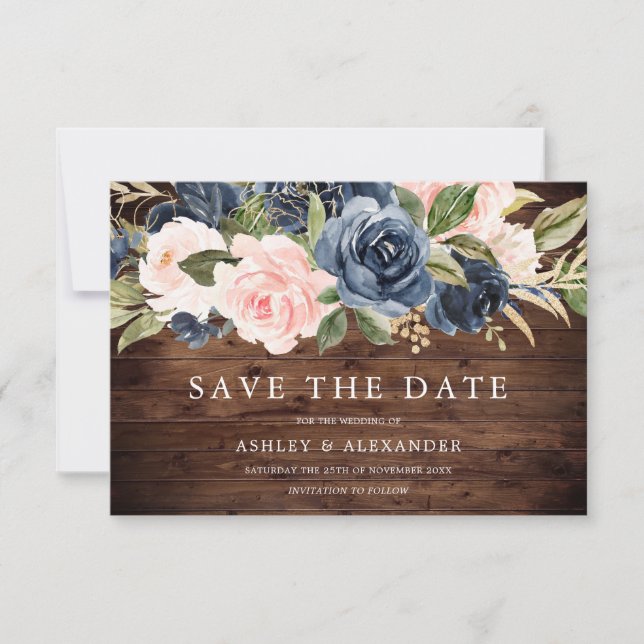 Rustic Modern Navy & Blush All Seasons Wedding Save The Date (Front)