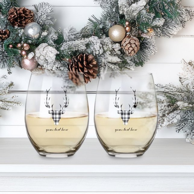 Rustic Modern Plaid Check Deer Stemless Wine Glass (rustic elegant personalized black and white plaid deer stemless wine glass)