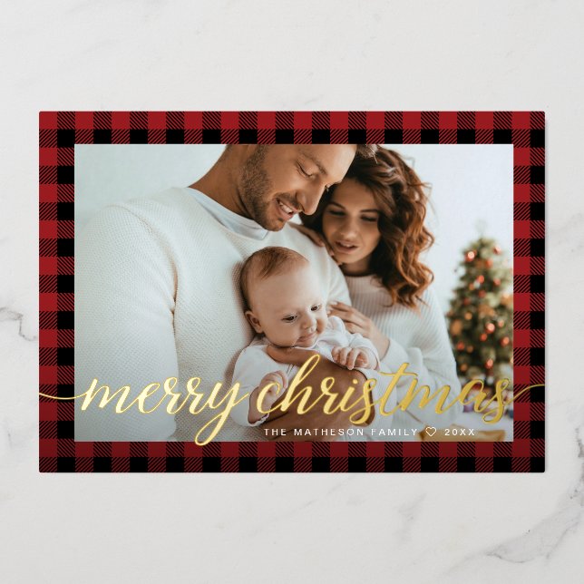 Rustic Modern Red black plaid photo Christmas Foil Holiday Card (Front)