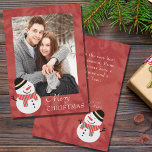 Rustic Modern Snowman Photo Merry Christmas Holiday Card<br><div class="desc">Warm red with pine boughs background is paired with a happy snowman design. These custom rustic photo Christmas cards also include your personal message to family and friends. Simple,  festive and easily personalized by you.</div>