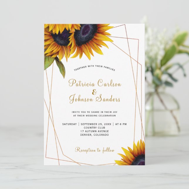 Rustic modern sunflower gold frame wedding invitation (Standing Front)
