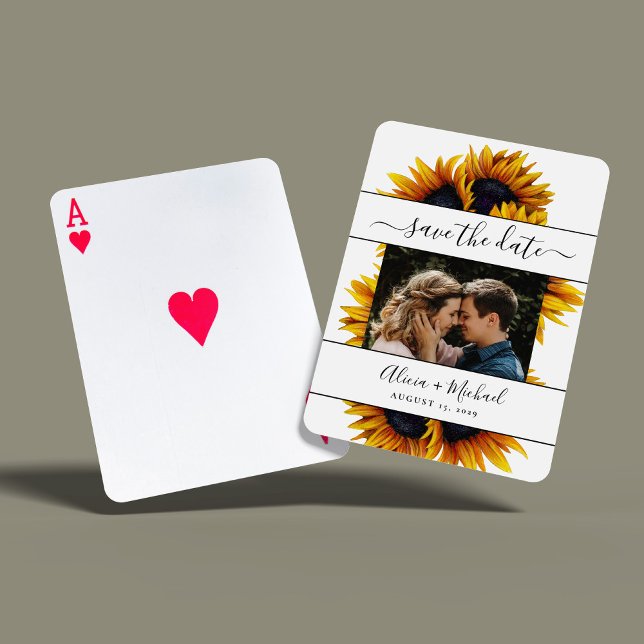 Rustic modern sunflowers photo wedding save date playing cards (Creator Uploaded)