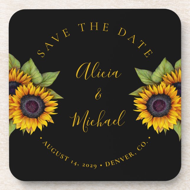 Rustic modern sunflowers simple wedding save date coaster (Front)