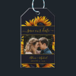 Rustic modern sunflowers wedding photo save date gift tags<br><div class="desc">Beautiful and easy to personalize photo wedding save the date favour gift tag with vibrant yellow-gold hand-painted sunflowers and elegant stripes with a trendy modern script over a dark midnight blue background. Suitable for summer and autumn fall garden backyard outdoor rustic modern weddings. The colours are changeable. If you need...</div>