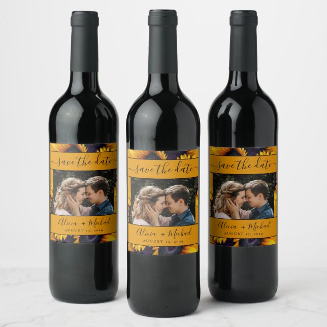 Rustic modern sunflowers wedding photo save date wine label (Bottles)