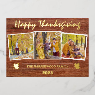 Rustic Modern thanksgiving family photo collage Foil Holiday Card