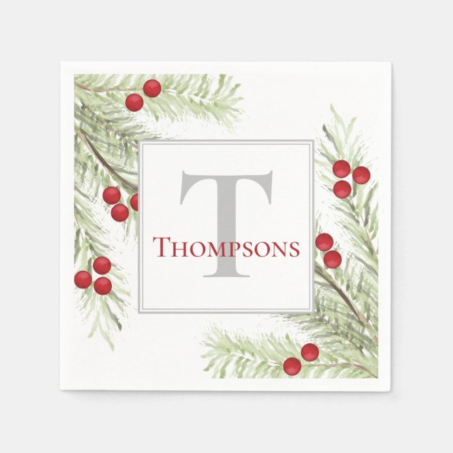 Rustic Modern Watercolor Holiday Monogram Napkin (Front)