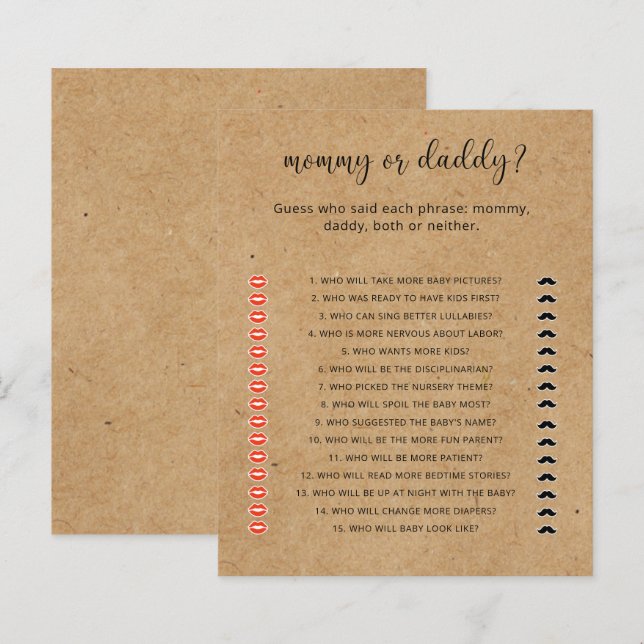 Rustic - Mommy or Daddy baby shower game (Front/Back)