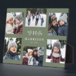 Rustic monogram 6 photo collage family name plaque<br><div class="desc">A collage of six photos surrounds a simple initial and rustic branches along with a name and year. Makes a great keepsake gift. Feature highlights of your year, the best from your family photo shoot, grandkid images, wedding photos and more. The sage green background can be changed by clicking "customize...</div>