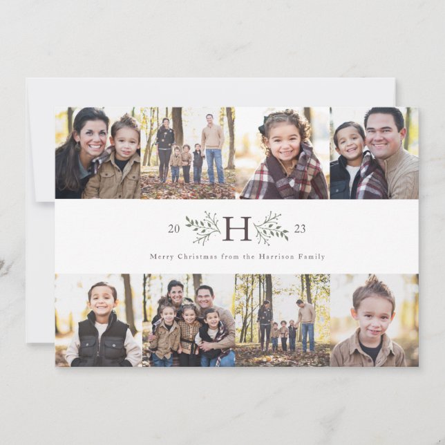 Rustic monogram 8 photo collage holiday card (Front)