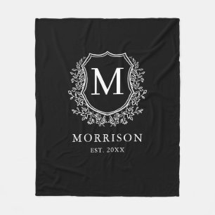 Rustic Monogram Black White Crest Newlywed Wedding Fleece Blanket