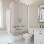 Rustic Monogram   Both Names Newlywed Wedding Chic<br><div class="desc">Rustic Monogram Both Names Newlywed Wedding Gift Chic Shower Curtain. Personalized warm beige and grey monogrammed Shower Curtain. Cool classic script for the monogram initial, the names of the bride and groom and the wedding date on a solid beige background. Perfect gift for newly weds, or beautiful for your own...</div>