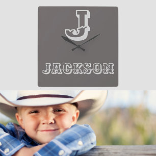 Rustic Monogram Boy's Name Nursery Clock