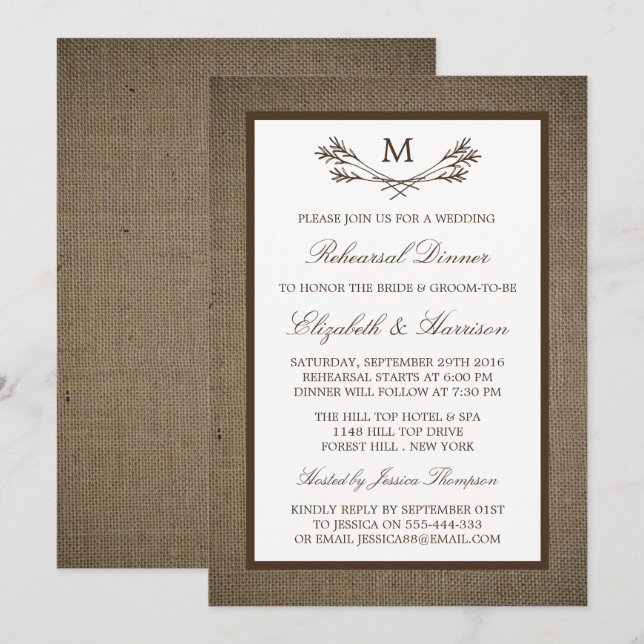 Rustic Monogram Branch Burlap Rehearsal Dinner Invitation (Front/Back)