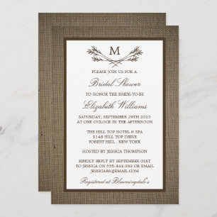 Rustic Monogram Branch On Burlap Bridal Shower Invitation