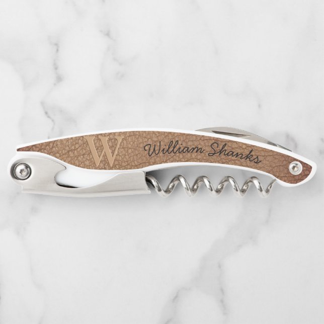 Rustic monogram brown leather chic black script corkscrew (Front)