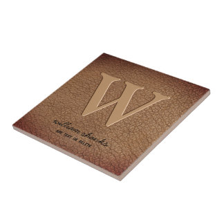 Rustic monogram brown leather custom black text tile