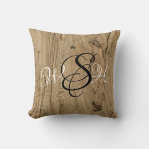 Rustic Monogram Brown Woodgrain Photo Nature Throw Pillow