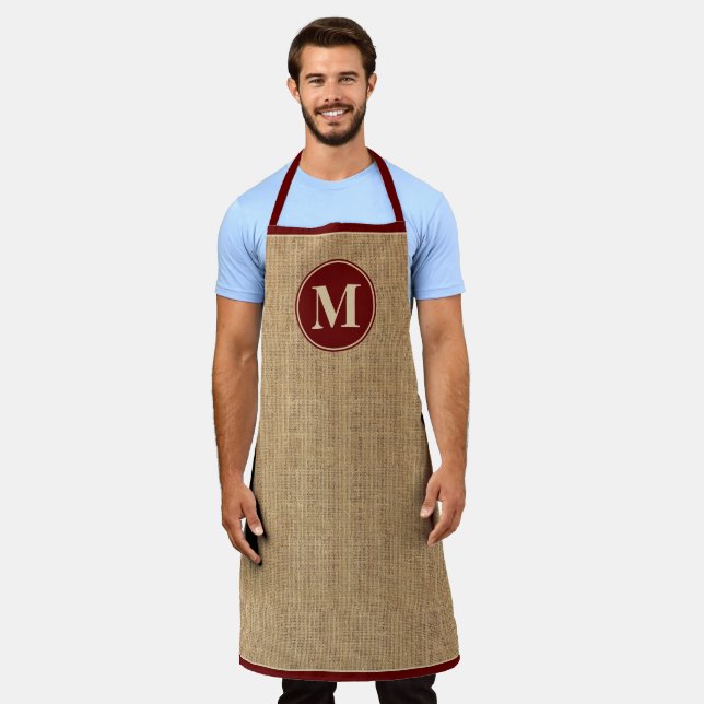 Rustic Monogram Burgundy Faux Burlap Apron (Worn)