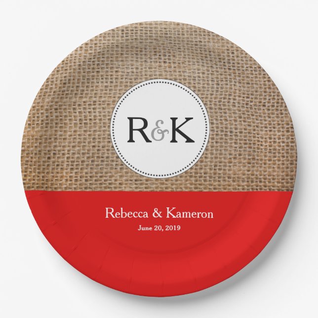 Rustic Monogram Burlap and Red Wedding Paper Plate (Front)