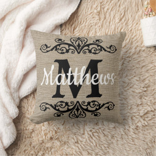 Rustic Monogram Burlap Look  Throw Pillow