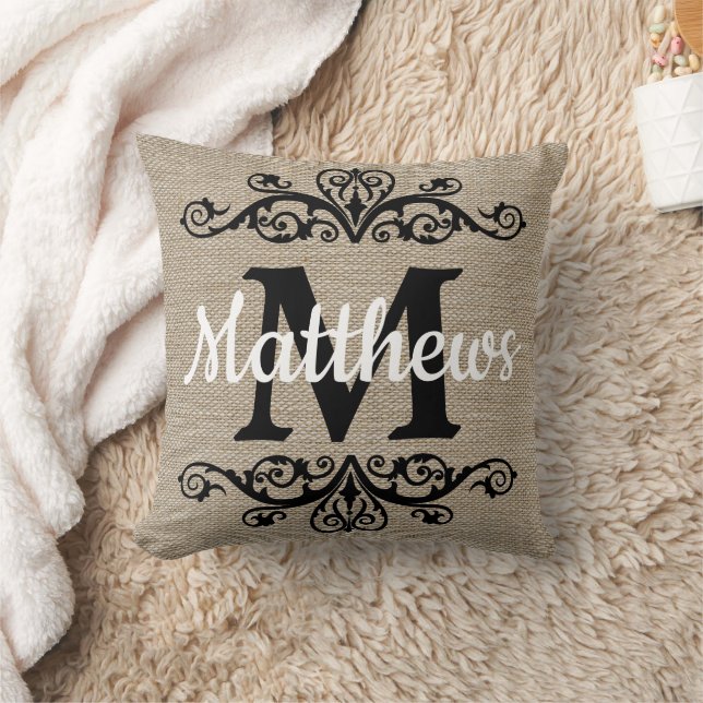 Rustic Monogram Burlap Look  Throw Pillow (Blanket)