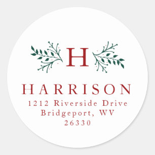 Rustic monogram Christmas holiday return address Classic Round Sticker