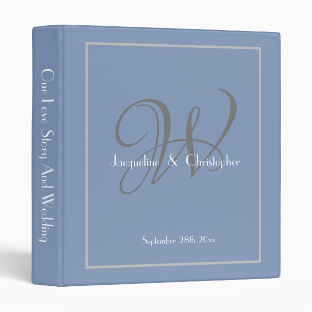 Rustic Monogram Classy Dusty Blue Chic Wedding  Binder (Front/Spine)