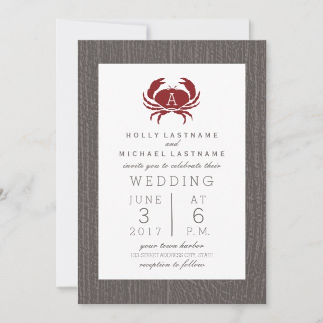 Rustic Monogram Crab Wedding Invitation (Front)