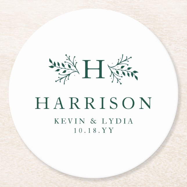 Rustic monogram dark green simple classic wedding round paper coaster (Front)