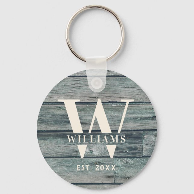 Rustic Monogram Driftwood Custom Family Name Keychain (Front)