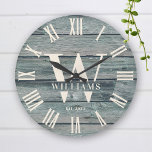 Rustic Monogram Driftwood Custom Family Name Large Clock<br><div class="desc">Personalized Family Name, monogram, and year established Rustic Modern Wall clock in a trendy farmhouse style design with roman numeral clock face and turquoise grey driftwood plank / shiplap backdrop design. Perfect gift for newlyweds, wedding or housewarming present or grandparents gift, or for a home make-over in your beach cabin,...</div>