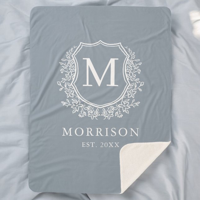Rustic Monogram Dusty Blue Crest Newlywed Wedding Sherpa Blanket (Creator Uploaded)