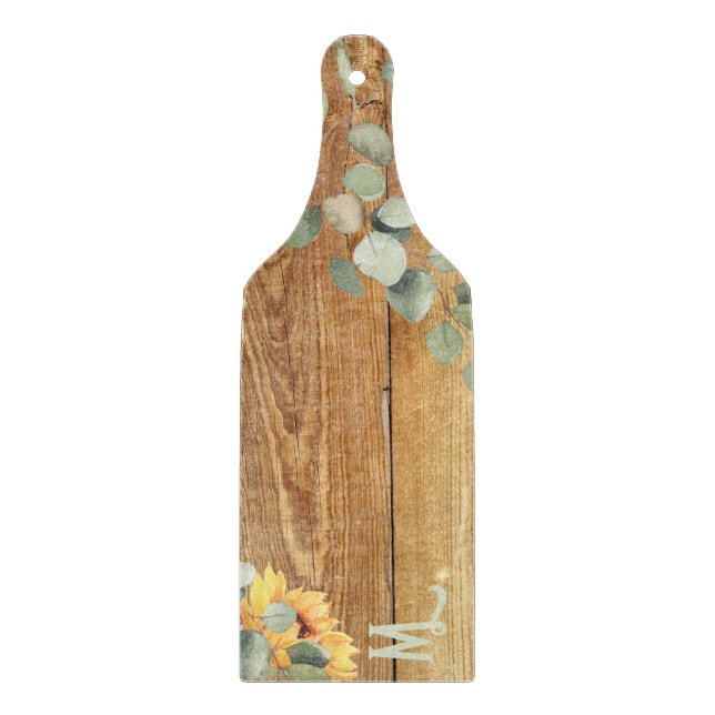 Rustic Monogram Eucalyptus Sunflower Wood Image Cutting Board (Front)