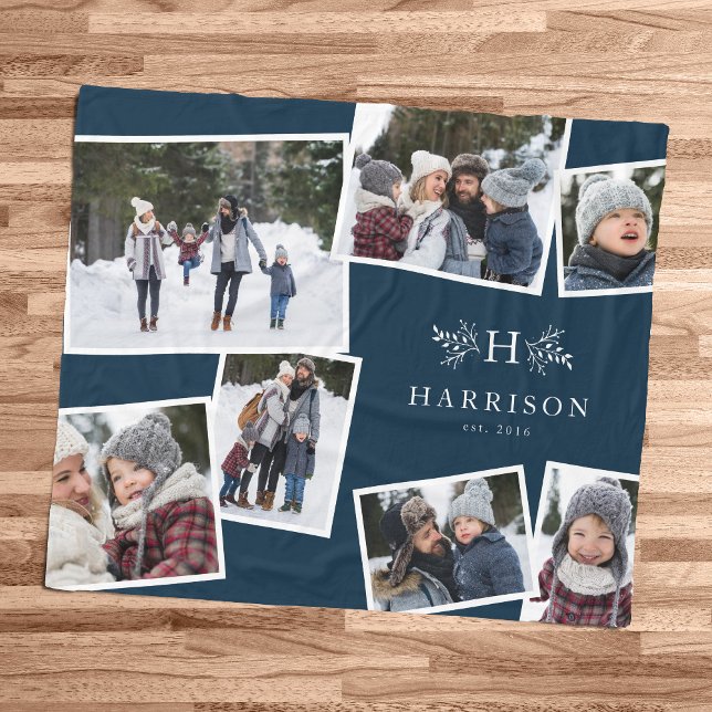 Rustic monogram family collage 7 photo navy blue fleece blanket (Creator Uploaded)