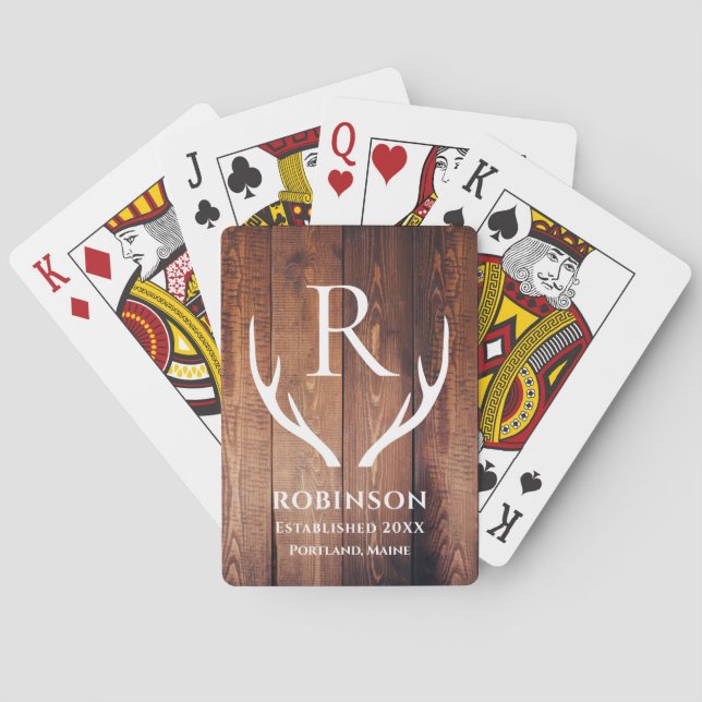 Rustic Monogram Family Name Lake House Deer Playing Cards (Back)