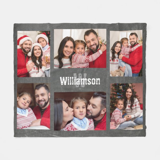Rustic Monogram Family Photo Collage Chalkboard Fleece Blanket (Front (Horizontal))