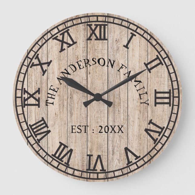Rustic Monogram Farmhouse Custom Family Name Large Clock (Front)
