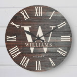 Rustic Monogram Farmhouse Custom Family Name Retro Large Clock<br><div class="desc">Personalized Family Name, monogram, and year established Rustic Modern Wall clock in a trendy farmhouse style design with roman numeral clock face and dark wood plank / shiplap backdrop design. Perfect gift for newlyweds, wedding or housewarming present or grandparents gift, or for a home make-over in your cabin, cottage, or...</div>