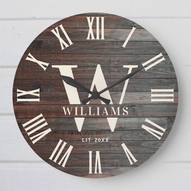 Rustic Monogram Farmhouse Custom Family Name Retro Large Clock (Creator Uploaded)