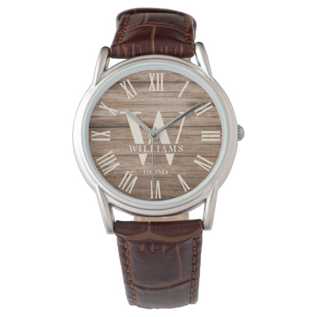 Rustic Monogram Farmhouse Custom Family Name Retro Watch (Front)