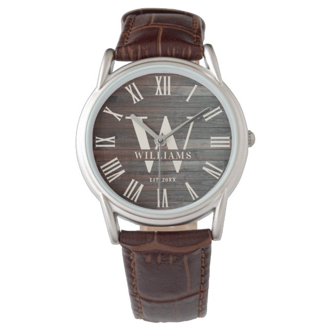 Rustic Monogram Farmhouse Custom Family Name Retro Watch (Front)