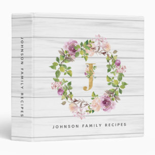 Rustic Monogram Gold J Floral Wreath Family Recipe Binder