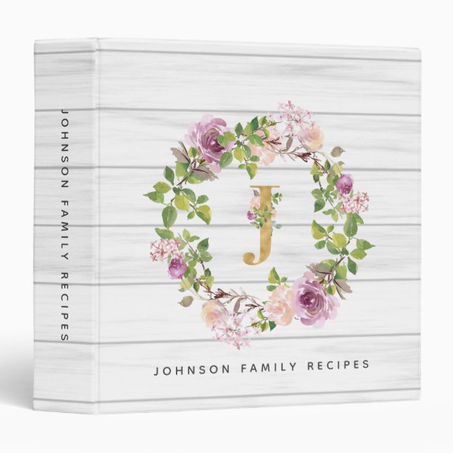 Rustic Monogram Gold J Floral Wreath Family Recipe Binder (Front/Spine)